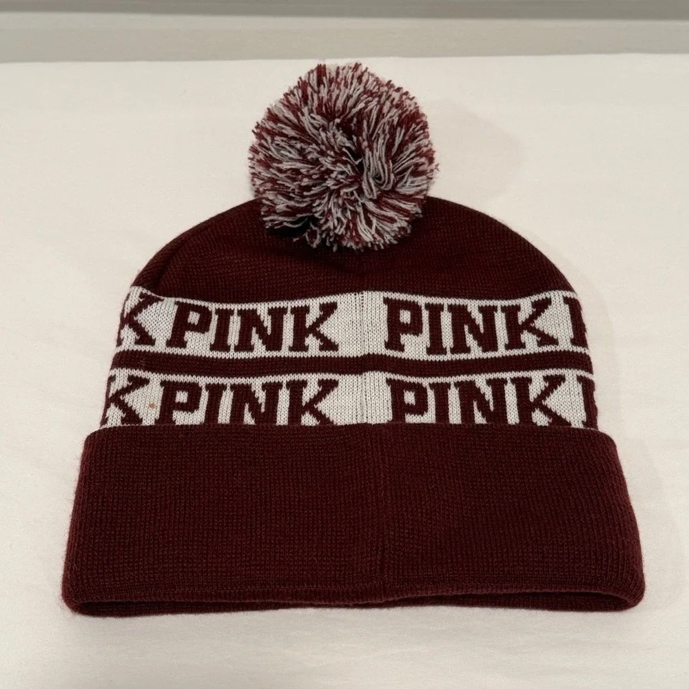 Victoria's Secret PINK Beanie Hat Burgundy Maroon White Logo Pom Pom Winter‎